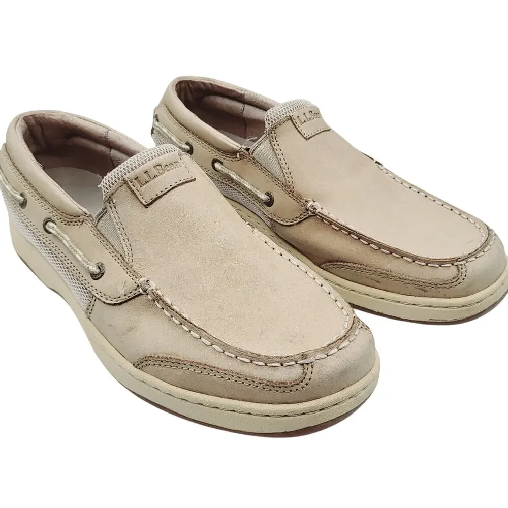 L.L. Bean Creme Leather Slip On Deck Leather Moccasin Shoe Men's size 9.5